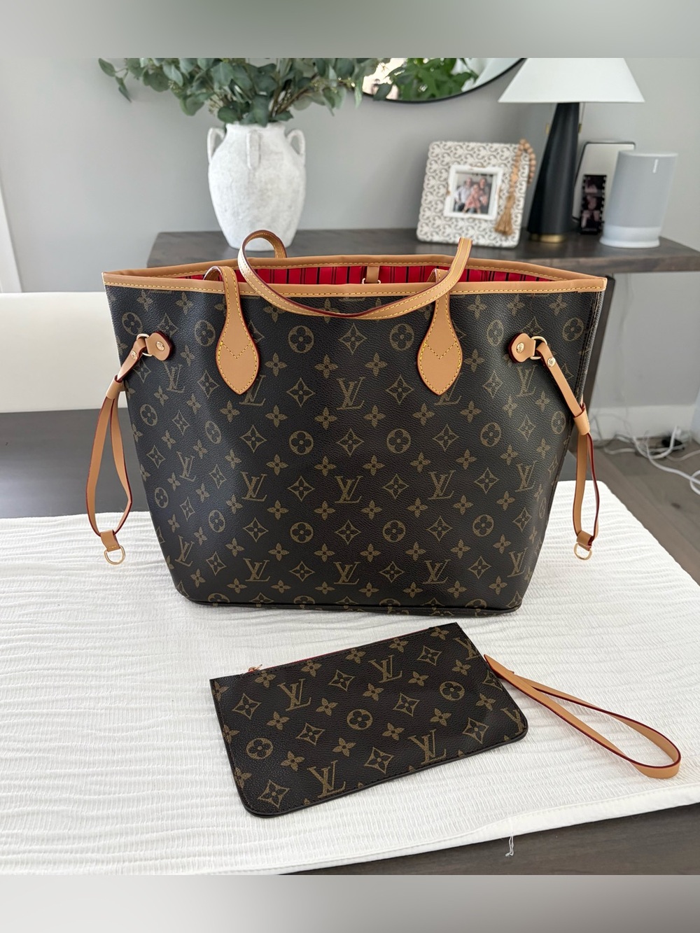 Tote in Brown with Red Interior